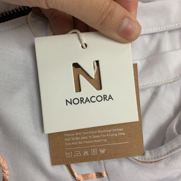 Noracora Top Womens L White Heart Cutout Cold Shoulder Zip V Neck Short Sleeves - Picture 7 of 14